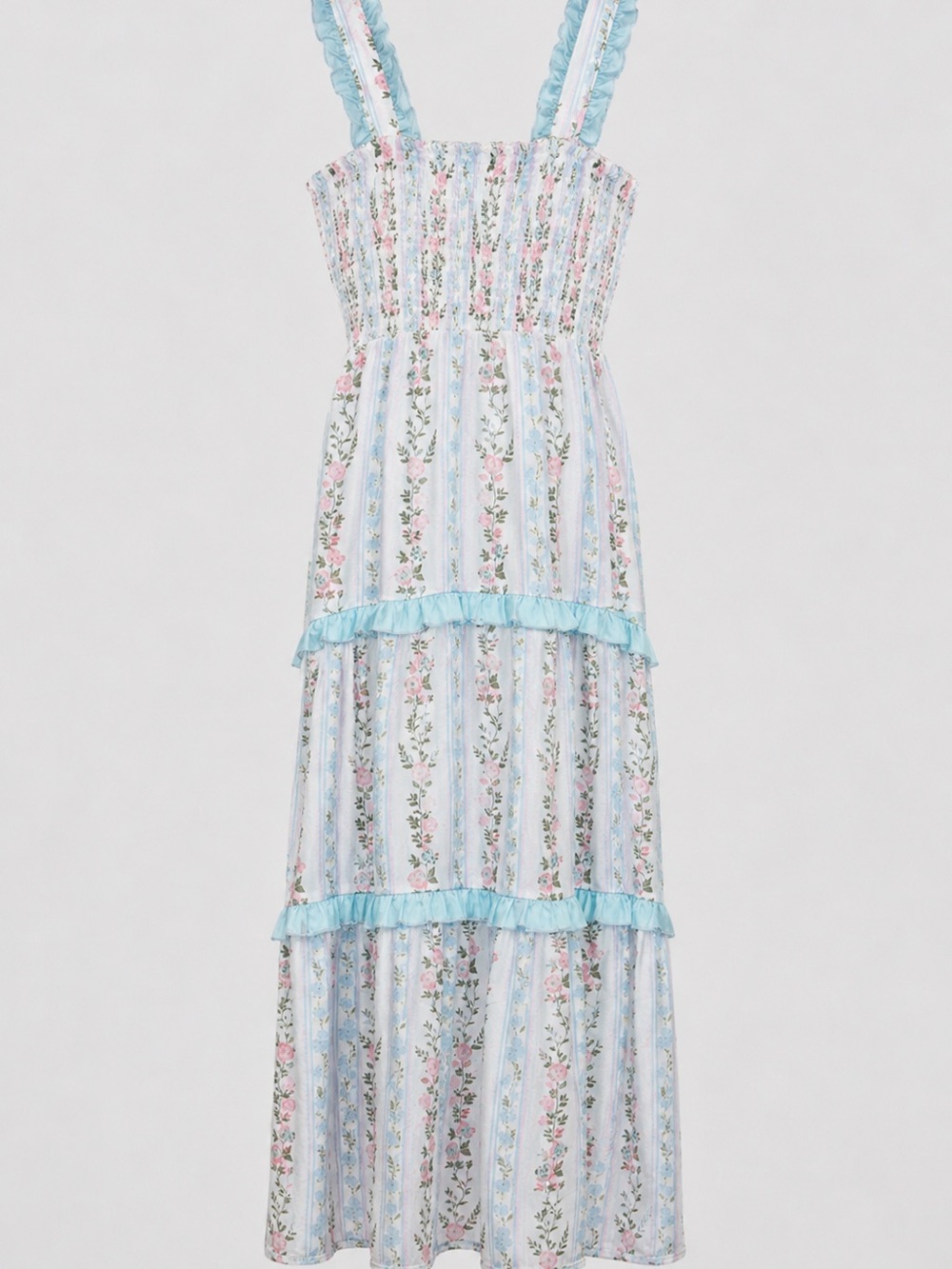 NWT Abby & Evie Cottagecore Floral Maxi Dress Blue Pink Smocked Tiered Size L - Picture 2 of 8